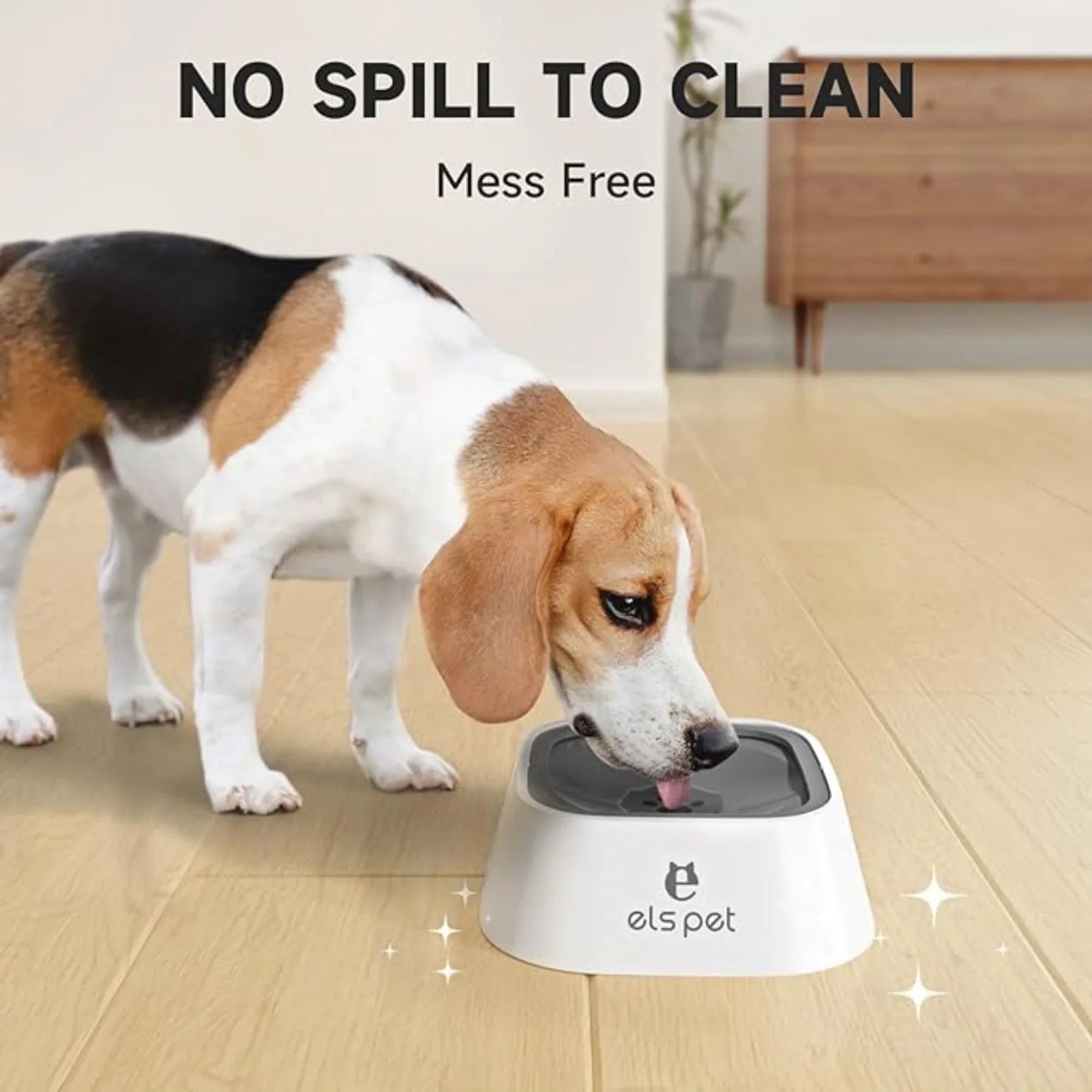 White no-spill pet water bowl with gray drinking surface
