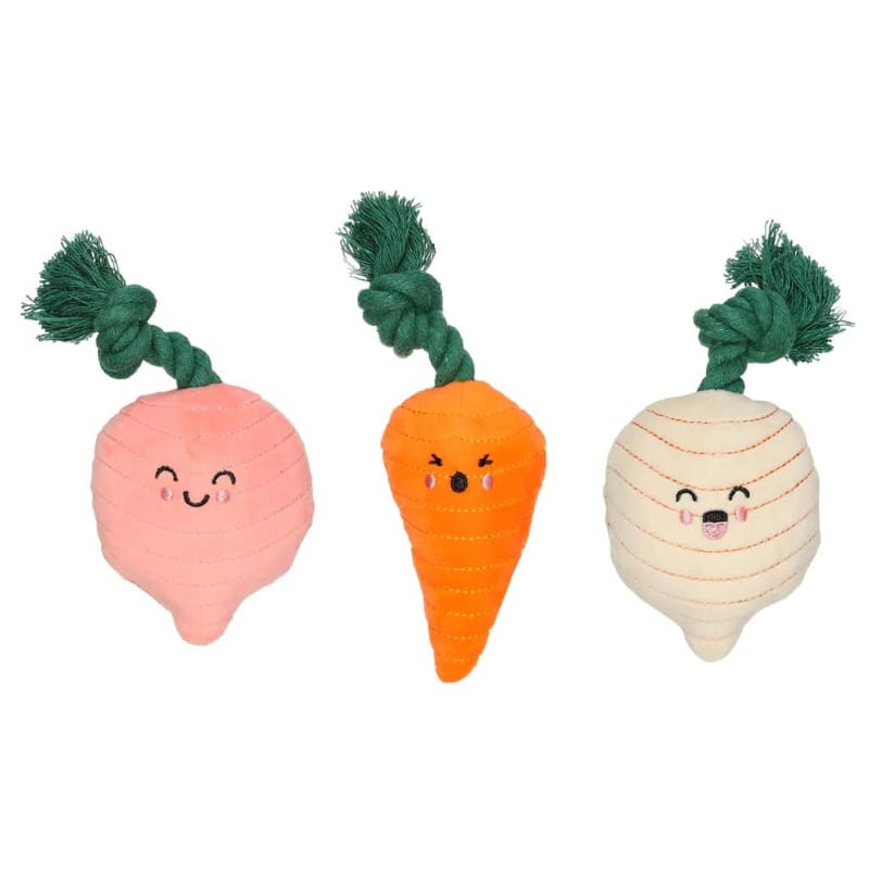 3-pack plush vegetable dog toys: pink root, orange carrot, cream onion with faces