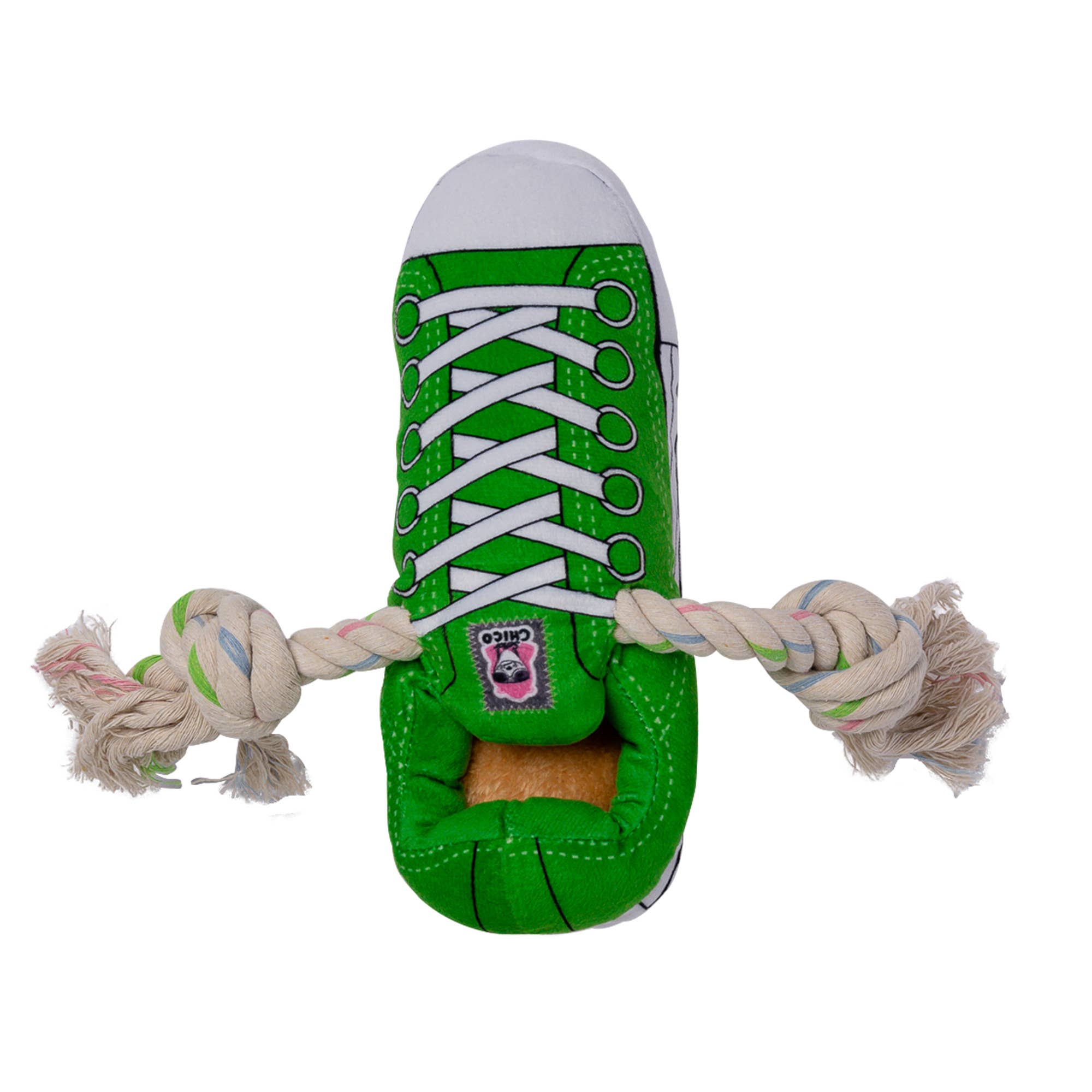 Green plush sneaker dog toy with rope tug handles and treat pocket