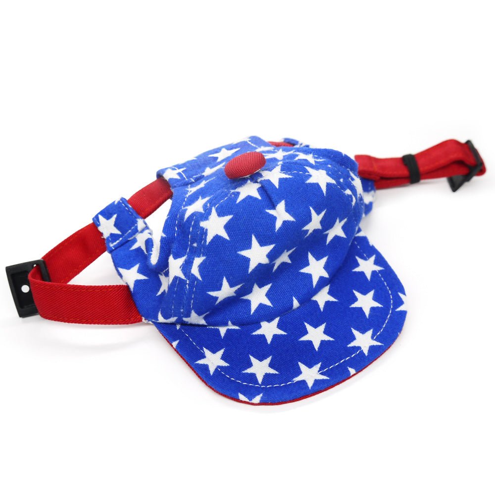 Blue star-print dog cap with red strap and buckle detail