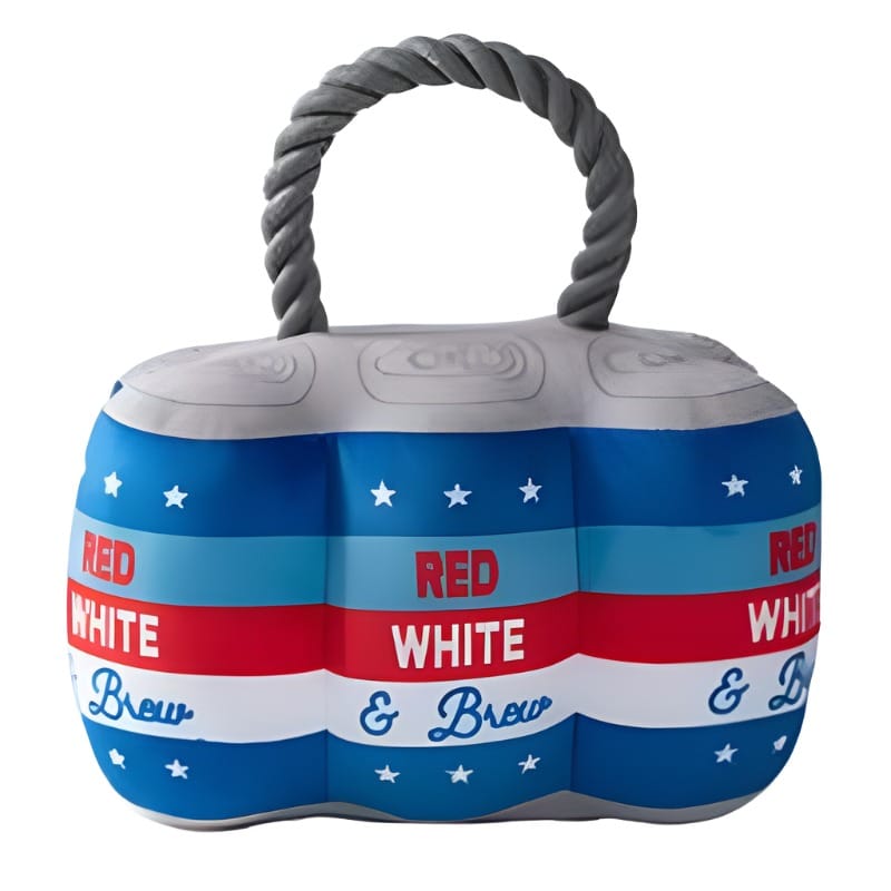 Plush dog toy with red, white and blue striped body and twisted rope handle