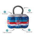 Plush dog toy ball with rope handle, red and white stripes, blue stars, and squeakers