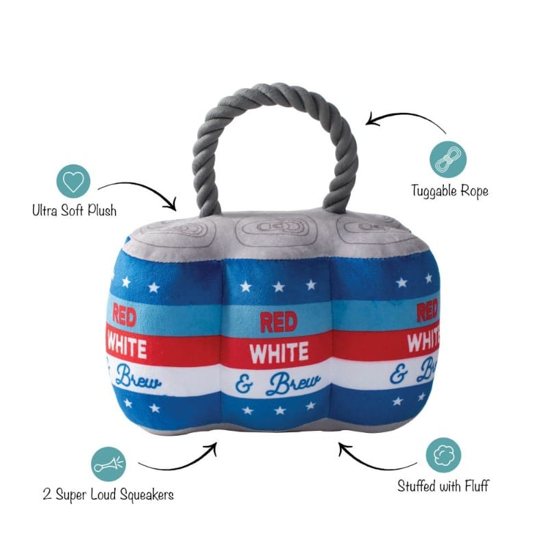 Plush dog toy ball with rope handle, red and white stripes, blue stars, and squeakers