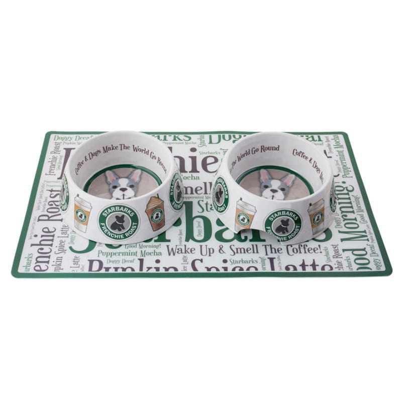 Starbarks coffee-themed dog feeding mat with circular bowl graphics, green border