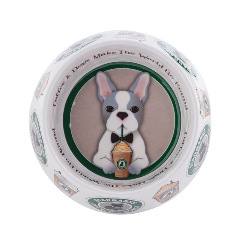 Starbarks dog bowl, top view with Frenchie holding a coffee cup
