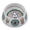 Starbarks dog bowl with Frenchie Roast dog illustration and green rim