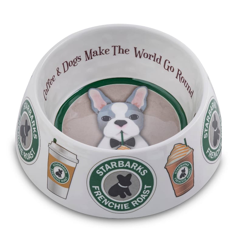 Starbarks dog bowl with Frenchie Roast dog illustration and green rim