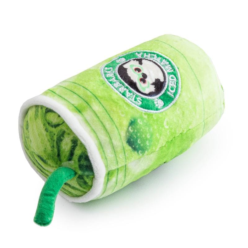 Starbarks matcha plush dog toy, green roll with logo patch and straw