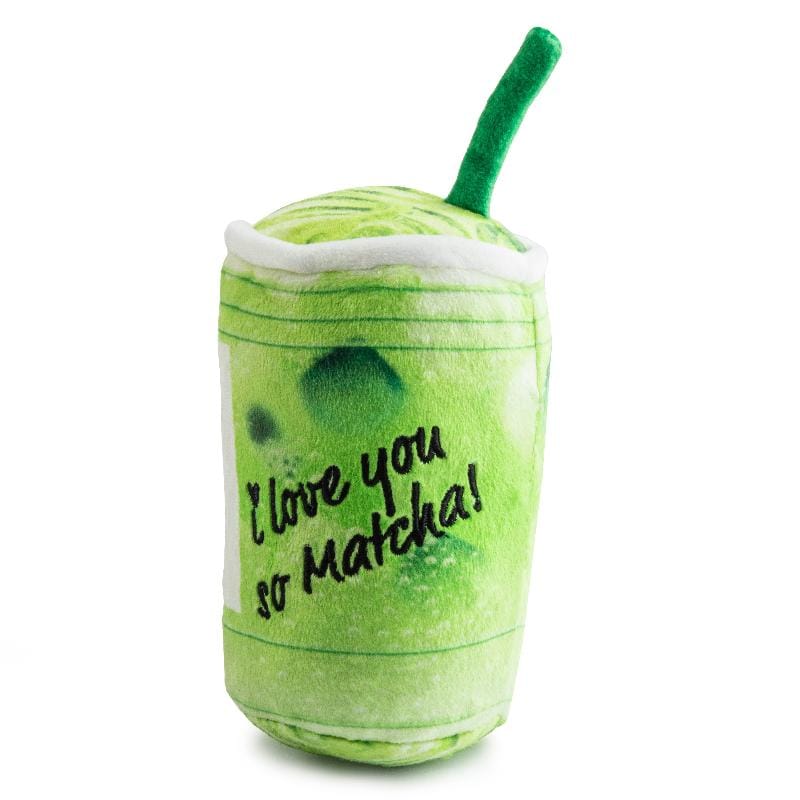 Starbarks matcha plush dog toy with green cup, straw, 'I love you so matcha!'