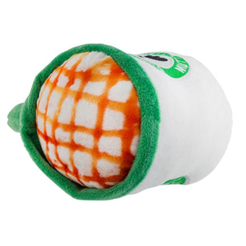 Plush dog squeak toy with orange plaid insert, green rim, white body and logo