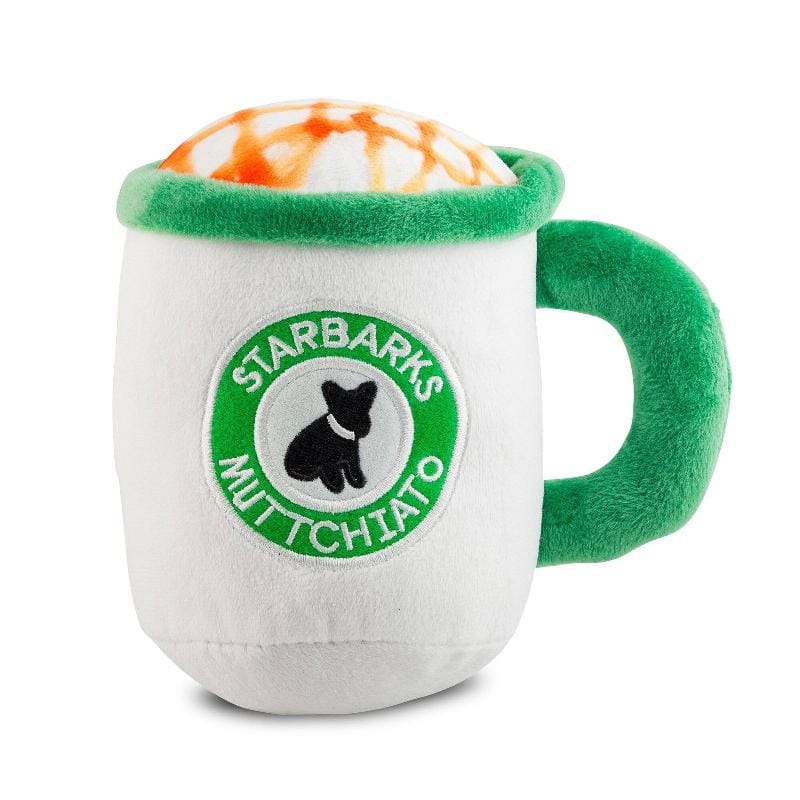 Plush dog squeak toy shaped like a mug, white with green handle and orange top