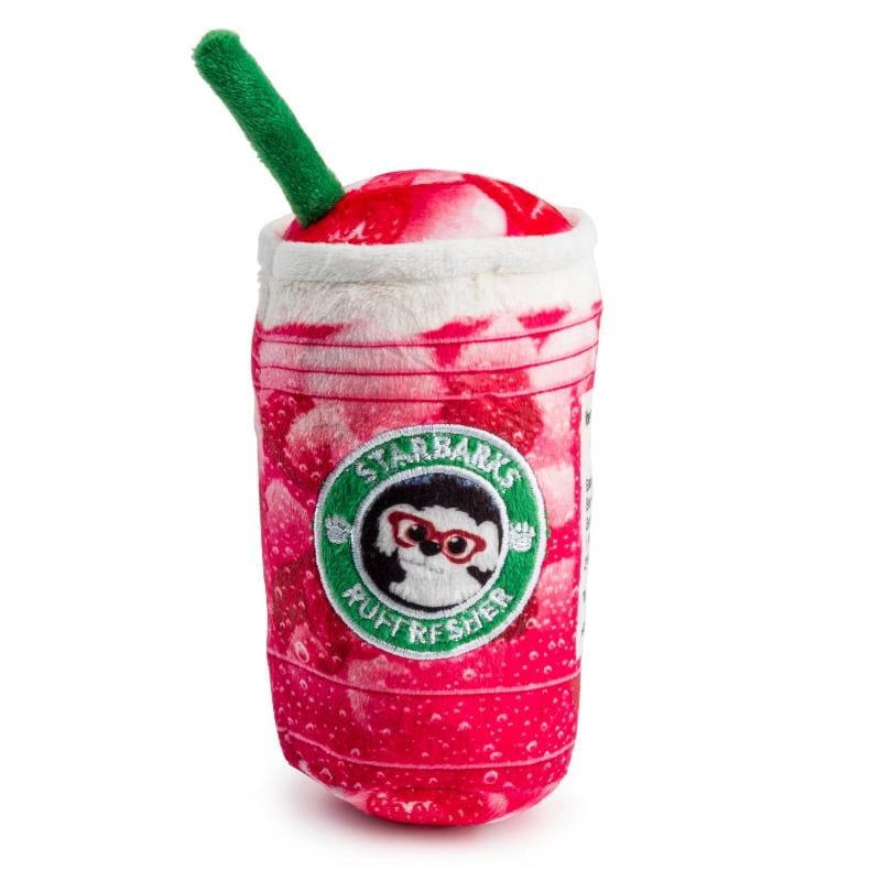 Plush dog toy drink cup with green straw and Starbarks logo, red/pink plush fabric