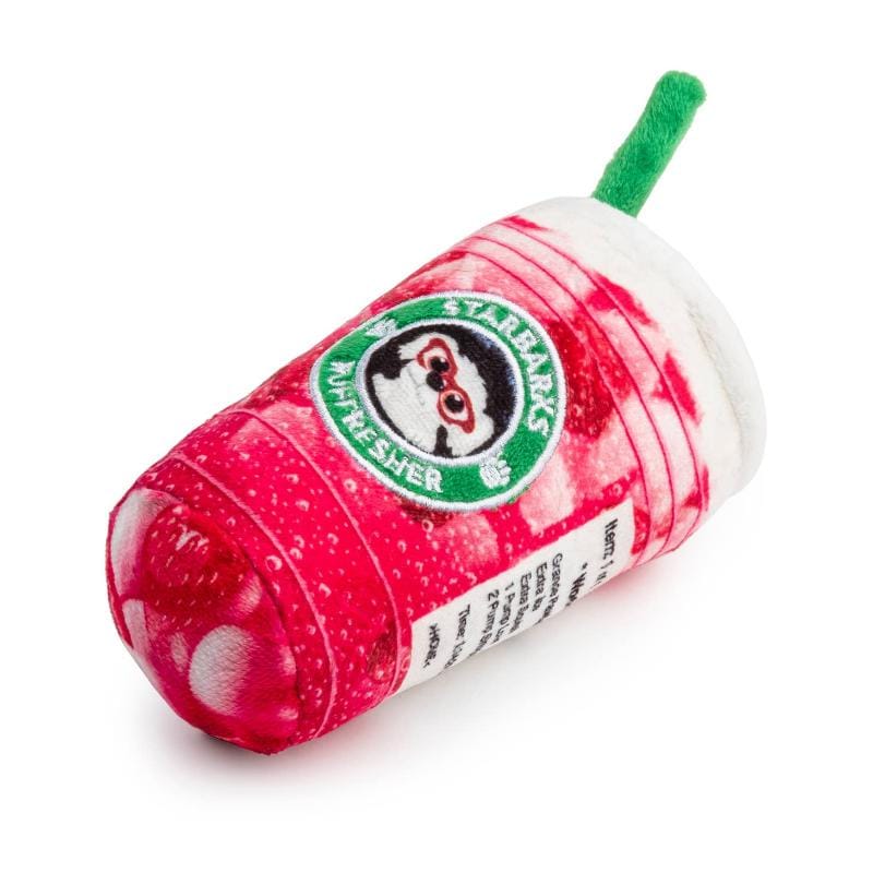 Plush dog toy drink-cup with green straw and Starbarks logo, red/pink plush fabric