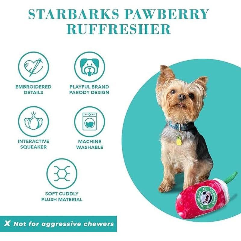 Plush dog toy drink cup with green straw; Starbarks Pawberry Ruffresher feature icons