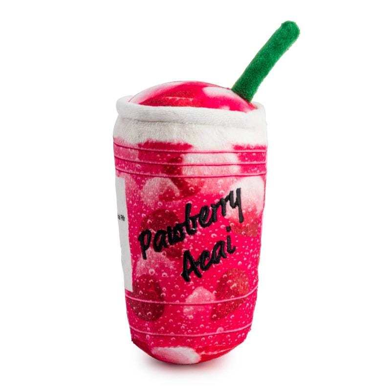 Plush dog toy drink cup with green straw and pawberry script, red/pink plush fabric