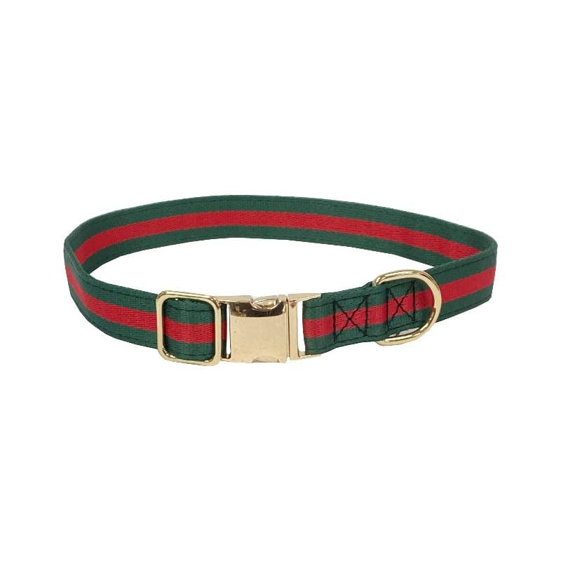 Green and red striped dog collar with brass buckle and metal D-ring