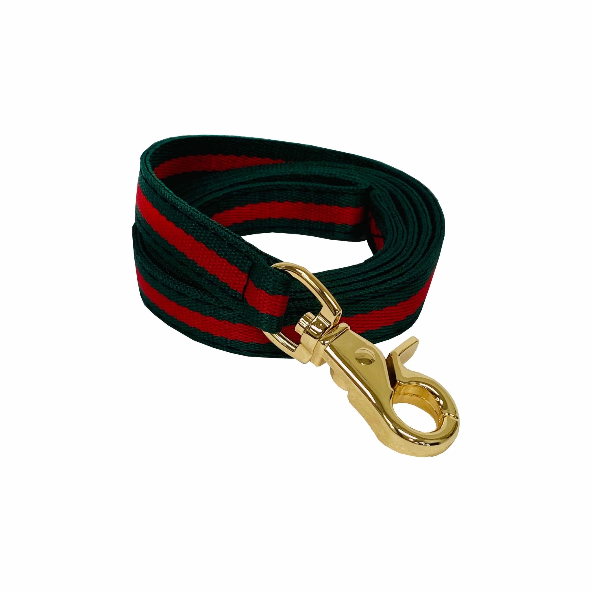 Green and red striped dog leash with gold clasp, one size