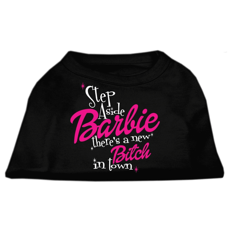 Black dog t-shirt with pink 'Step Aside Barbie' and 'Bitch in town' graphic