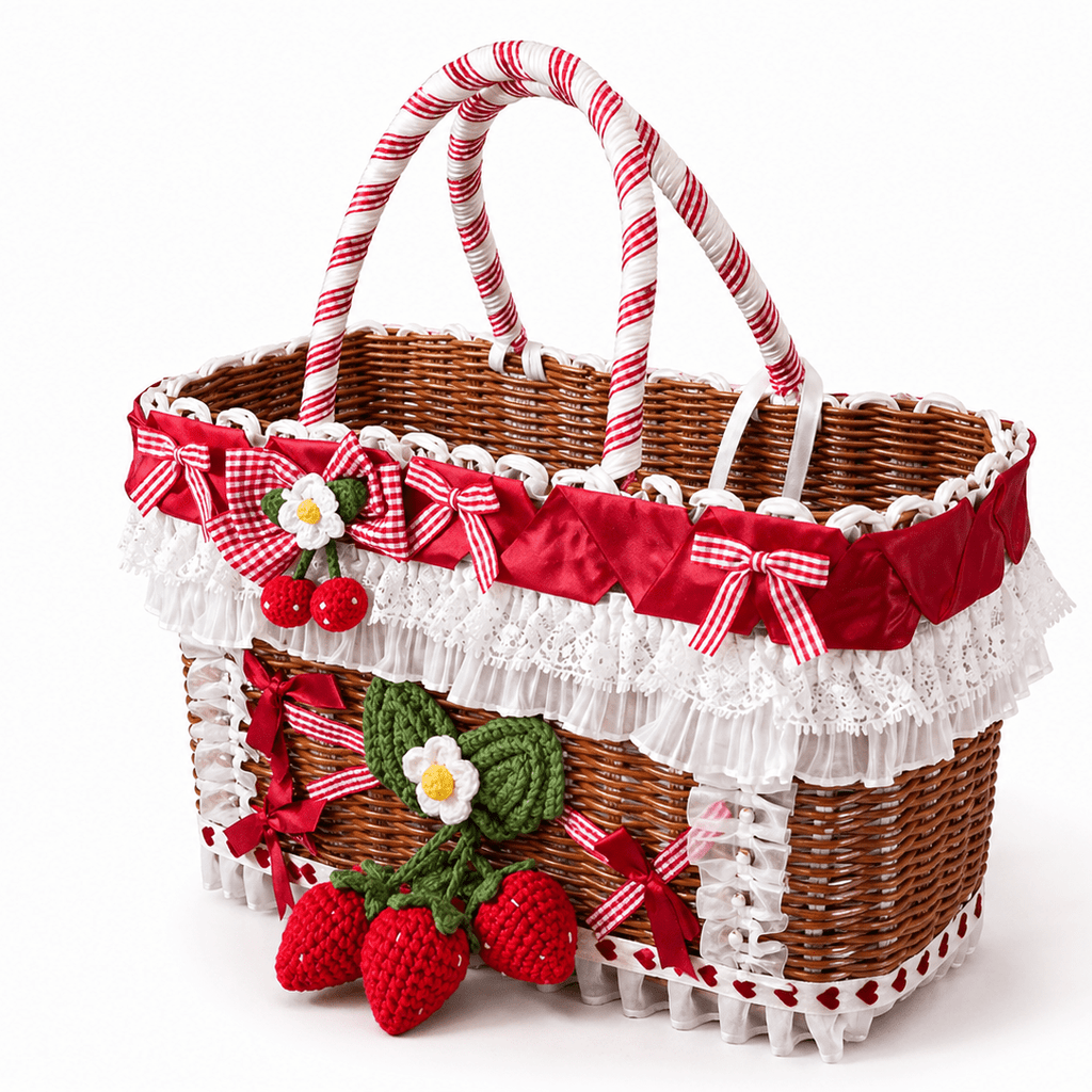 Strawberry Dog Carrier Basket – Cute Pet Travel Bag with Lace & Bow for Small Dogs Fursace Luxury Dog Plush Toy - Red Squeaky | Cookies Wagging Friends Boutique Cookies Wagging Friends Boutique