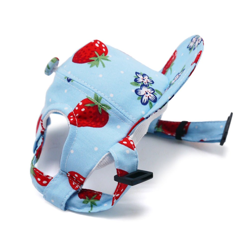 Light blue strawberry-print cap with side buckle strap and curved brim