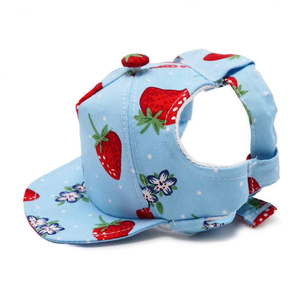 Light blue strawberry-print cap with open back and side strap