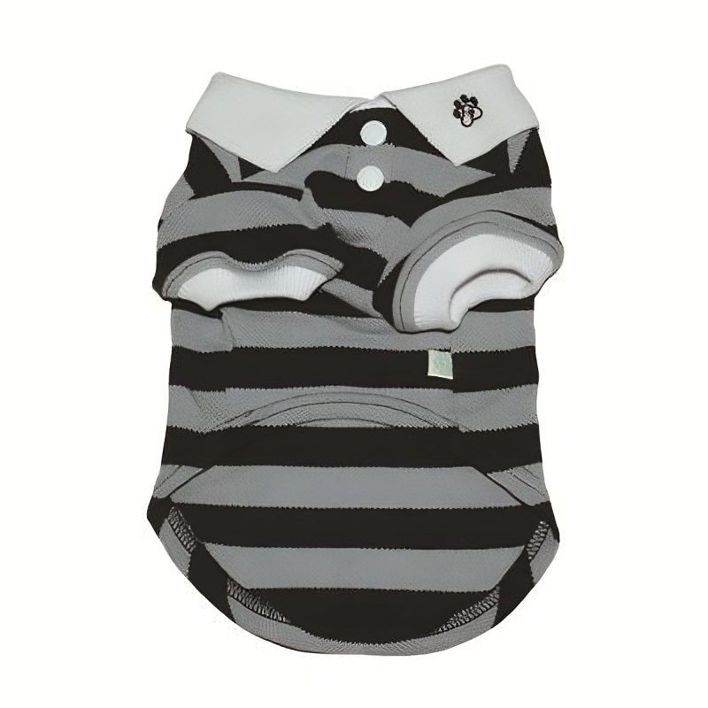 Black and gray striped pet polo shirt with white collar and front buttons