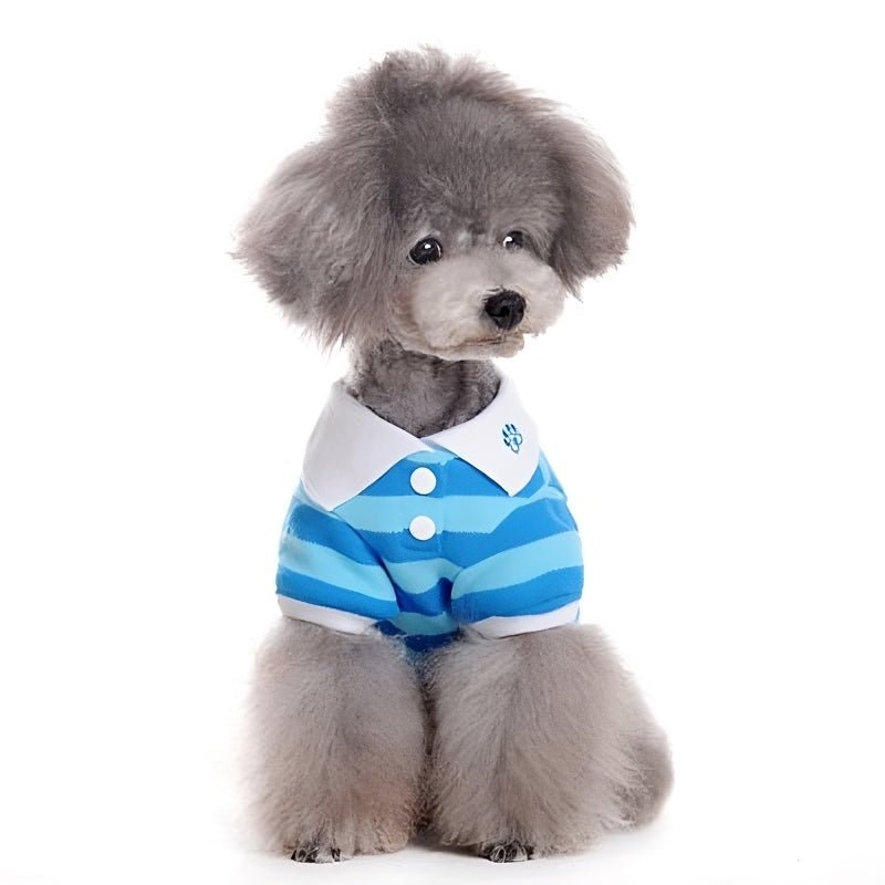 Blue striped pet polo shirt with white collar and chest logo