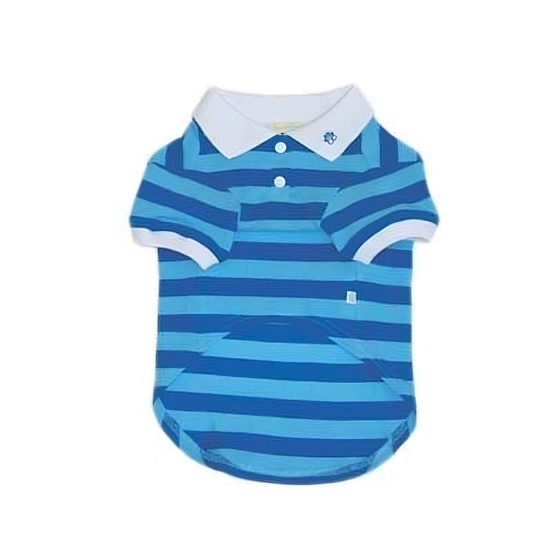 Blue striped pet polo shirt with white collar and front buttons