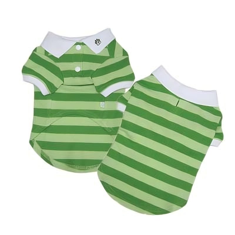 Green striped polo shirt, collared with button placket and short sleeves (flat lay)