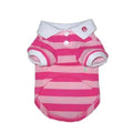 Pink striped polo shirt with white collar and buttons, short sleeves (flat lay)