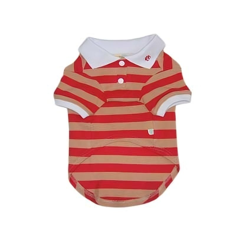 Red striped polo shirt with white collar and button placket, short sleeves (flat lay)