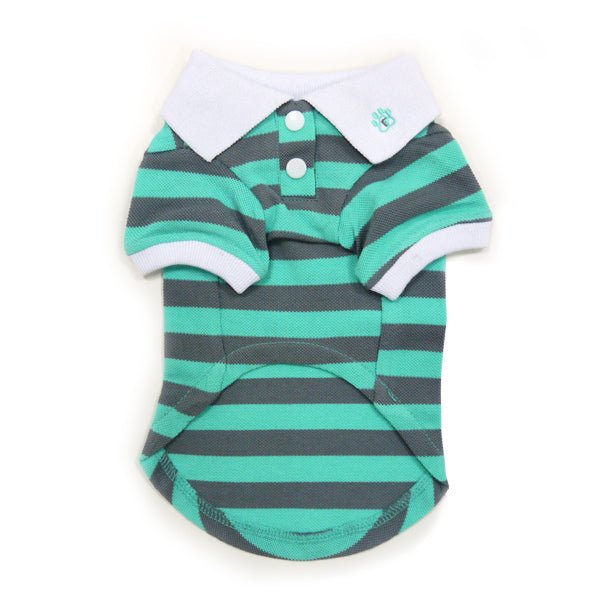 Teal-and-gray striped polo shirt for pets with green button placket and white collar