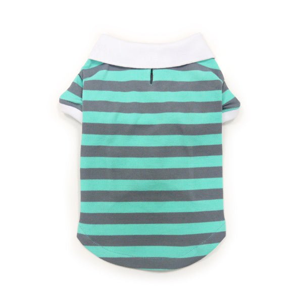 Teal-and-gray striped polo shirt for pets, back view with white collar