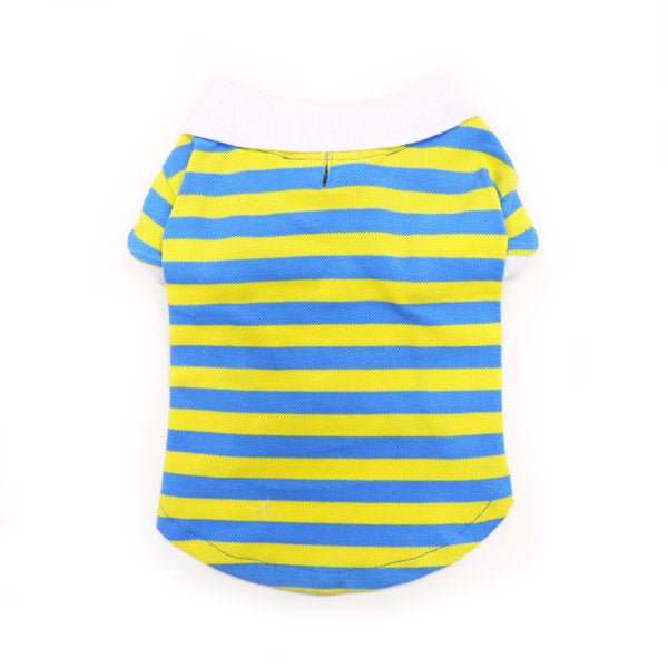 Blue and yellow striped dog polo shirt with collar and button placket