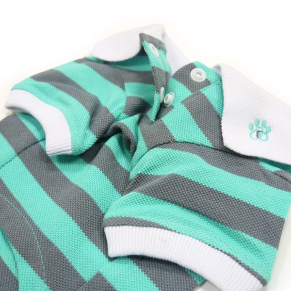 Close-up teal-and-gray striped polo shirt for pets with white collar and paw logo