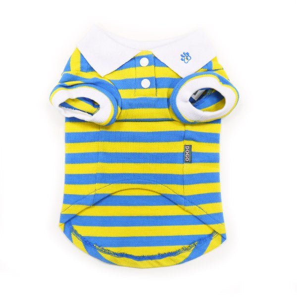 Blue and yellow striped dog polo shirt with white collar and button front