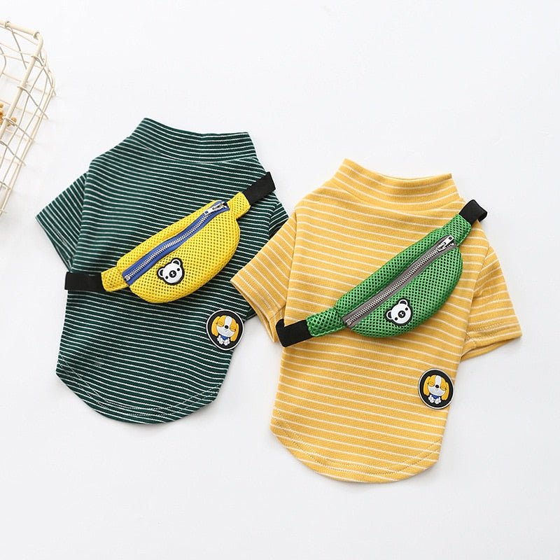Striped pet dog T-shirt costume set: green and yellow shirts with front waist pouches