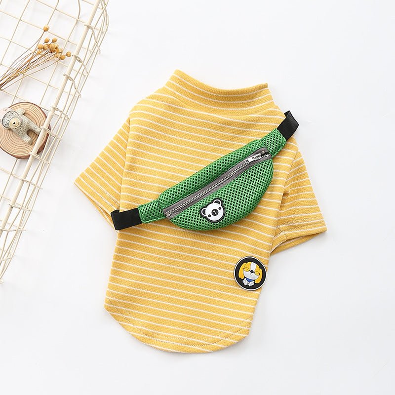 Yellow striped pet dog T-shirt costume with green front waist pouch and bear patch