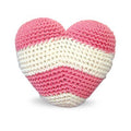 Crocheted heart toy with pink, cream, and white striped crochet pattern