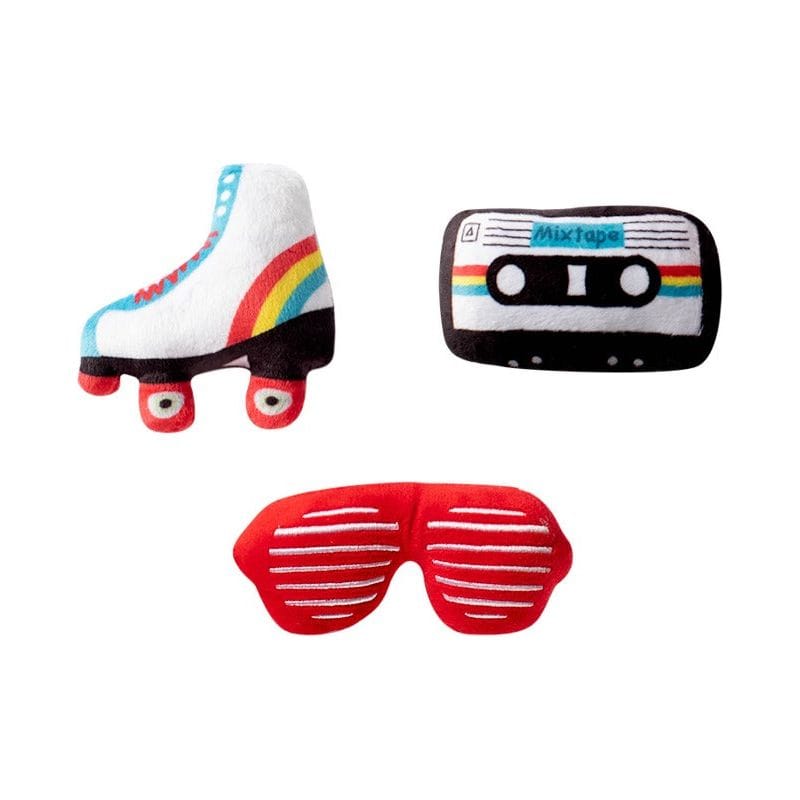 3-piece plush squeaky dog toy set: sneaker, cassette, and red novelty sunglasses