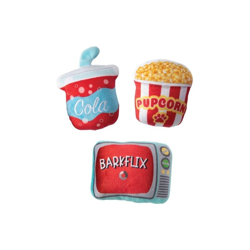 3-piece plush dog toy set: Cola, Popcorn, and BARKFLIX TV-screen shapes.