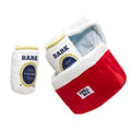 Plush dog toy set: red pouch with 'CHILL' patch, white 'BARK' bottle plush