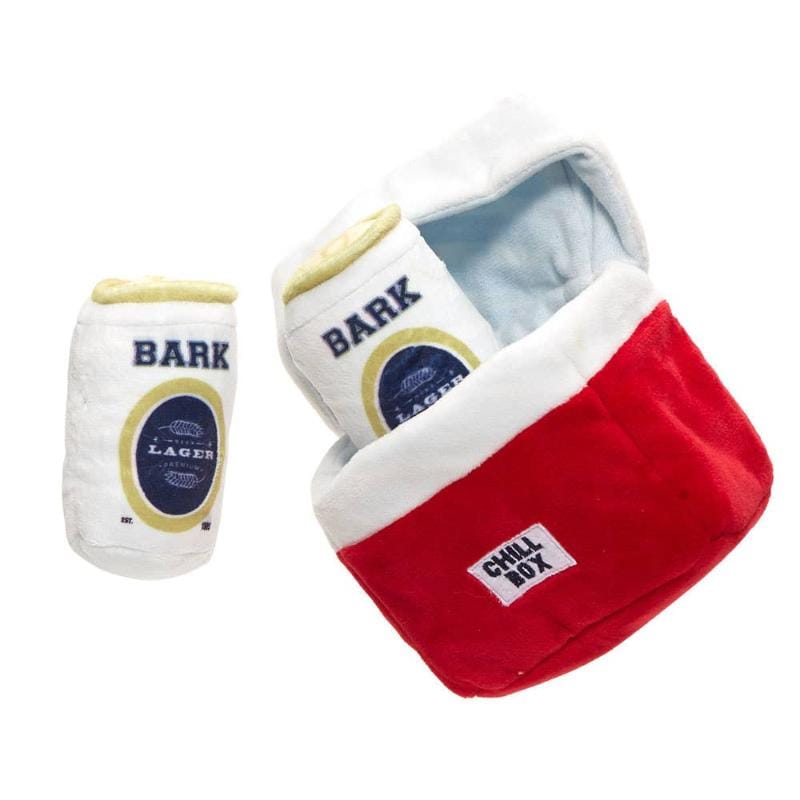 Plush dog toy set: red pouch with 'CHILL' patch, white 'BARK' bottle plush