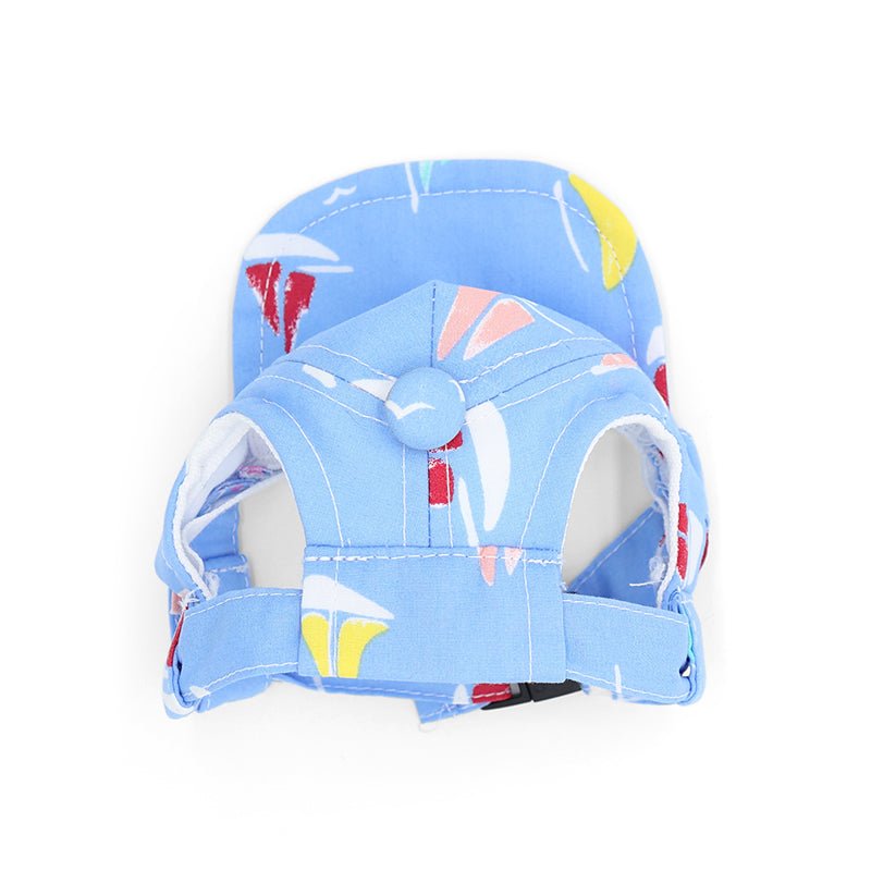 Light blue beach hat with sailboat print and adjustable chin strap