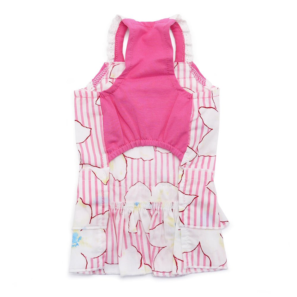 Pink and white pet dress back view with open neck, ruffles, floral stripe print.