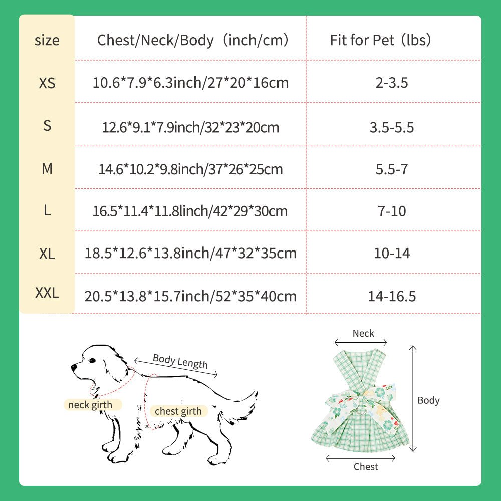 Size chart for small dog harness dress with chest and body length measurements