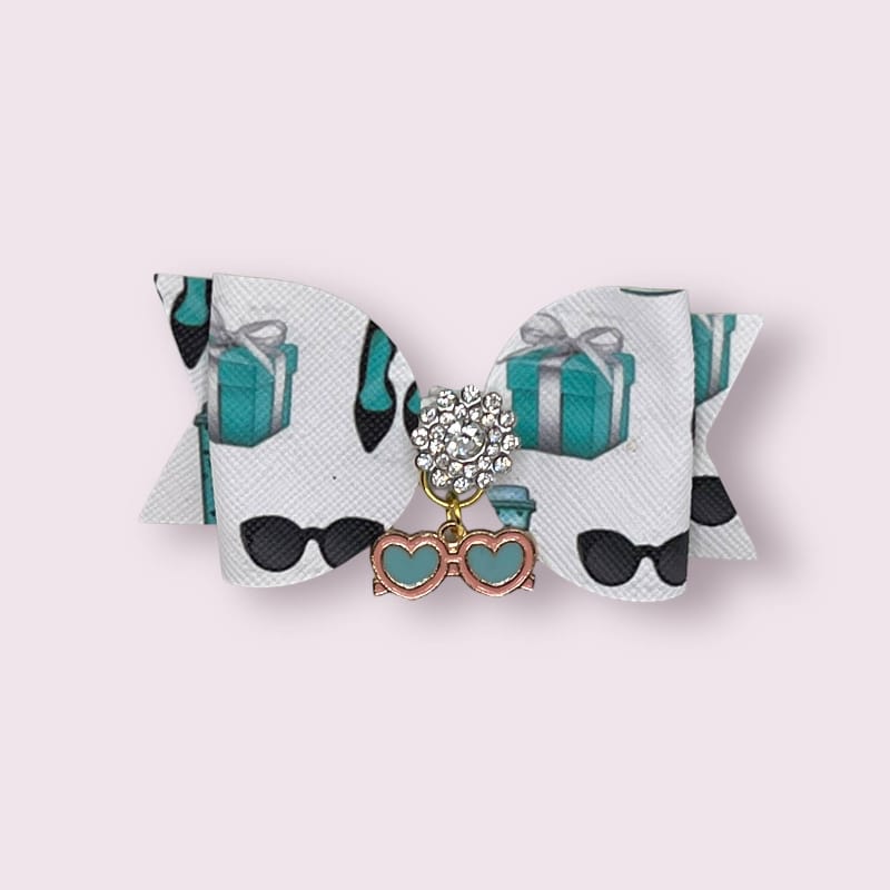 Summer dog barrette hair clip with teal coffee pattern, rhinestone bow and heart glasses charm