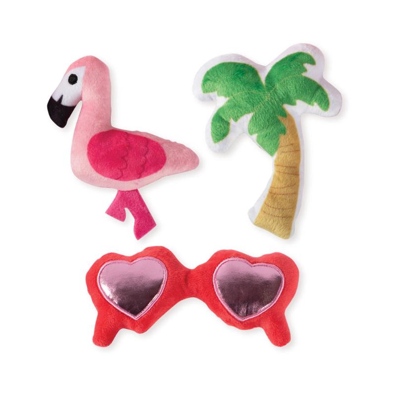 Small plush dog squeak toy set of 3: pink flamingo, palm tree, red heart bones