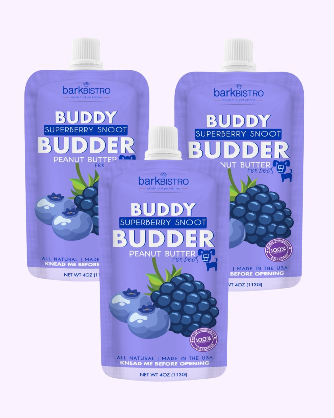 Superberry Snoot Buddy Budder Bundle (Trio 4oz Squeeze Packs) - 100% all natural dog peanut butter, Made in USA