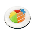 Round white plush pet bed with colorful sushi roll cushion and blue fish crinkle toy